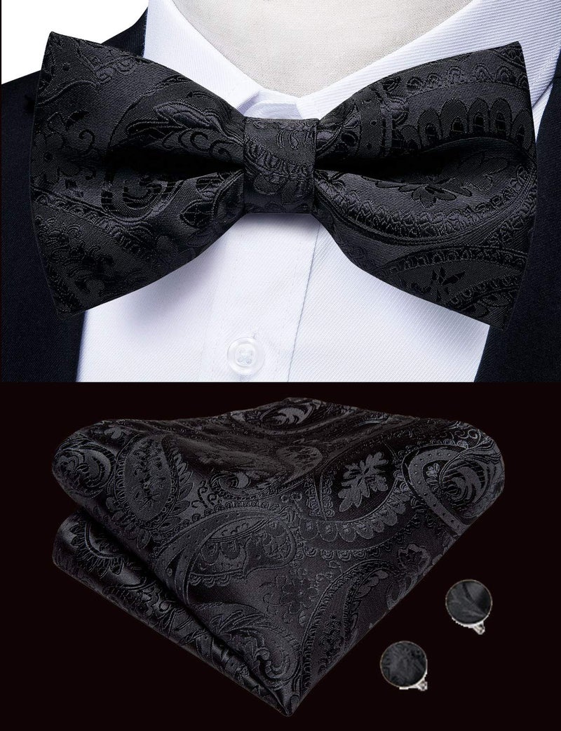 DiBanGu Mens Formal Dress Vest Paisley Jacquard Silk Suit Waistcoat Necktie Bow Tie Set Wedding Party Tuxedo 5PCS,Black Paisley,Medium - Image 4